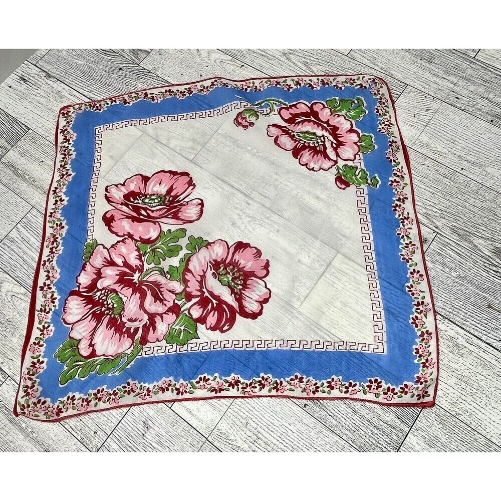 Designer Vtg Handkerchief PINK Tree Blossoms Floral Carol Stanley Hand Rolled